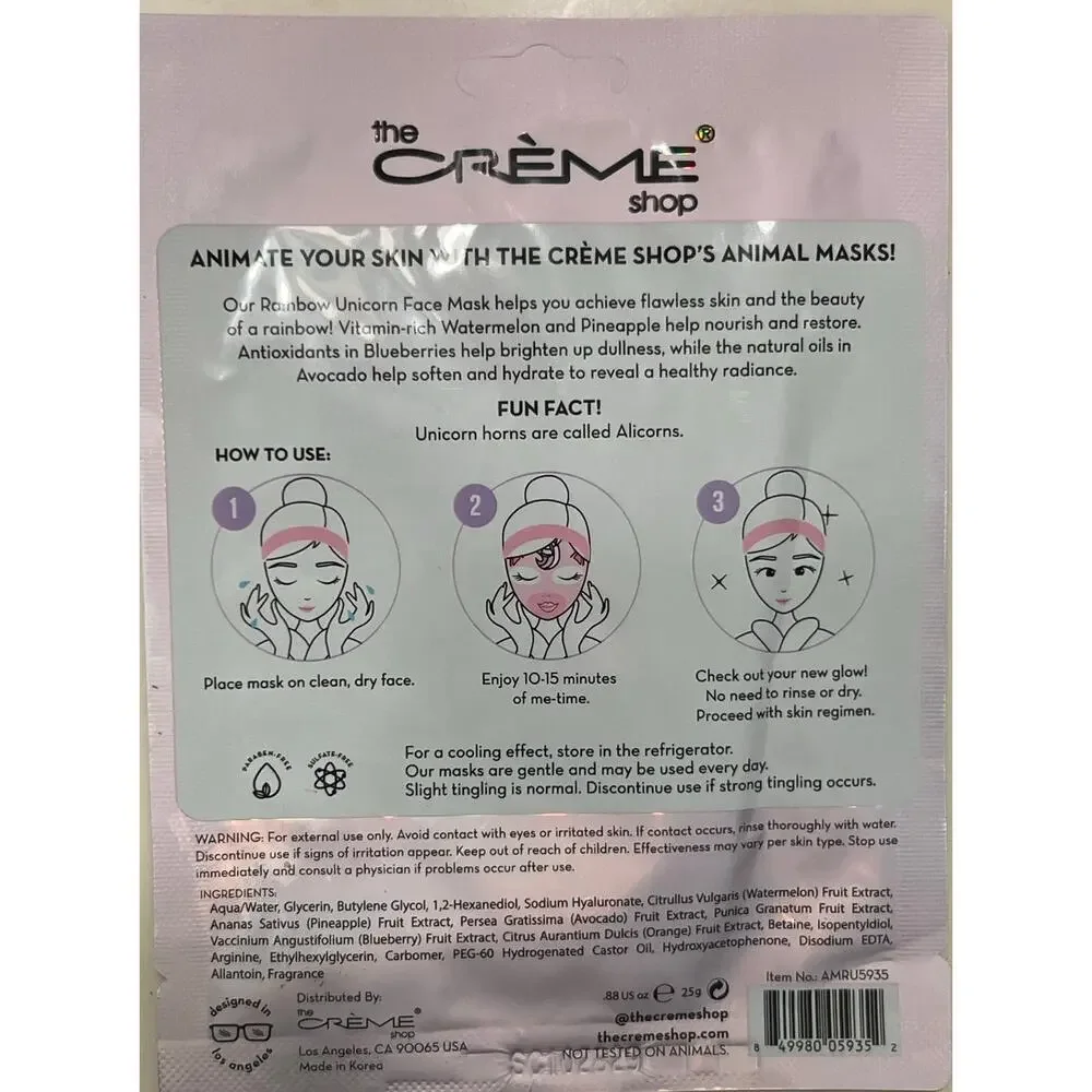 The Crème Shop Unicorn Sheet Masks x2 Watermelon Pineapple Avocado Blueberry